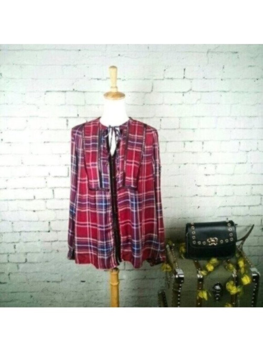 Seven7  Boho Plaid Top With Velvet Trim in Red Size Large
